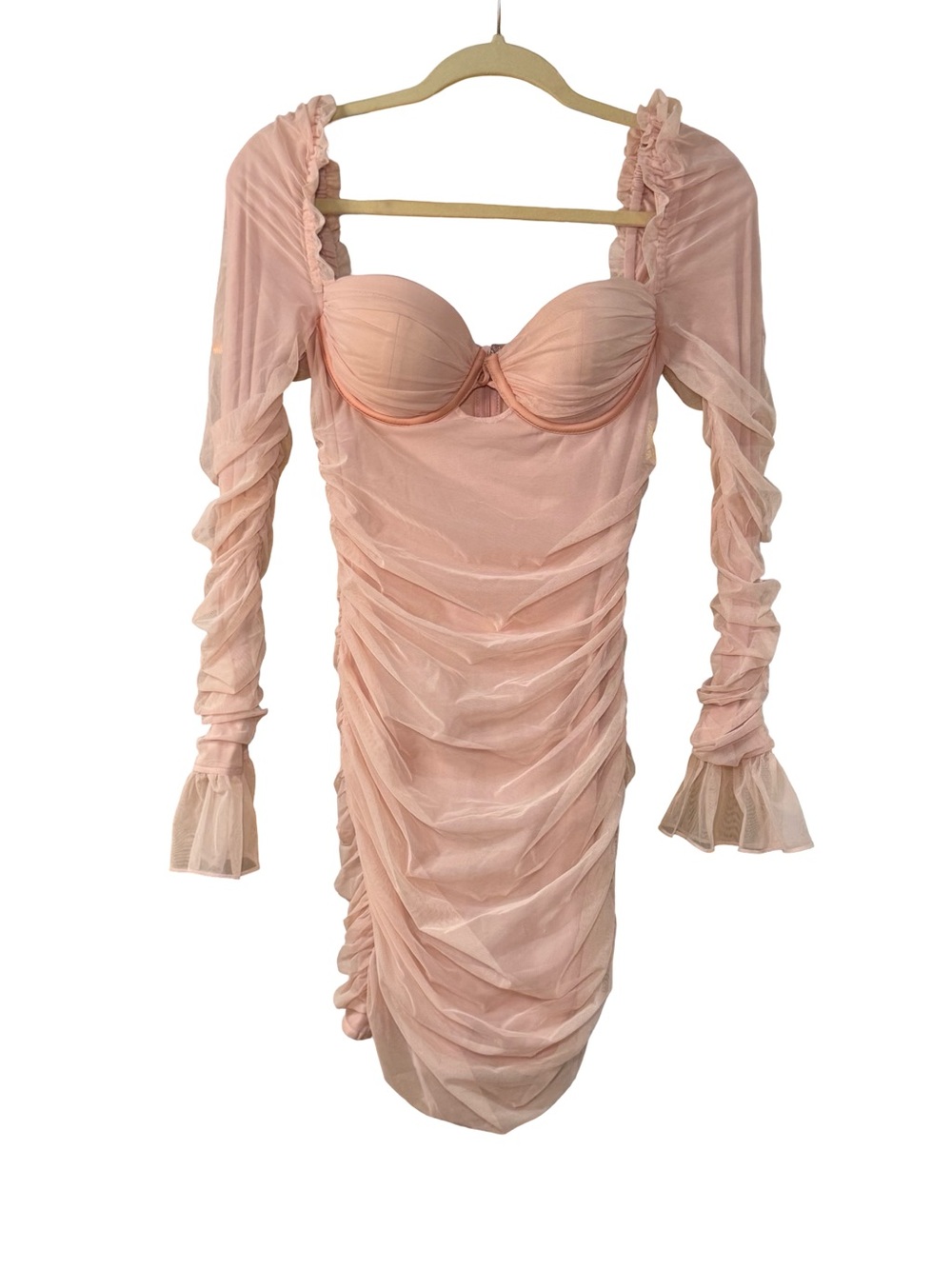 🩰🎀 Oh Polly Blush Pink Ruched Long Sleeve Bustier Dress 🎀🩰